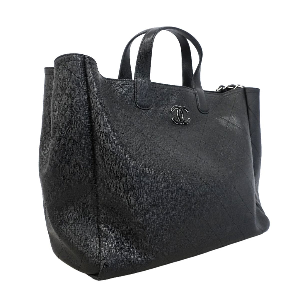 Chanel Chain Tote Bag Quilted Caviar Leather Black Silver 2-Way — view 2