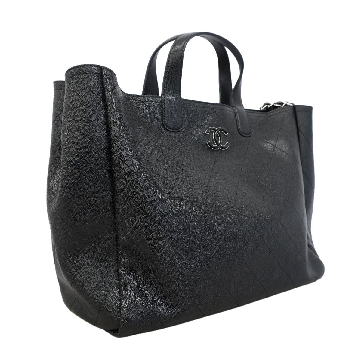 Chanel Chain Tote Bag Quilted Caviar Leather Black Silver 2-Way — view 2