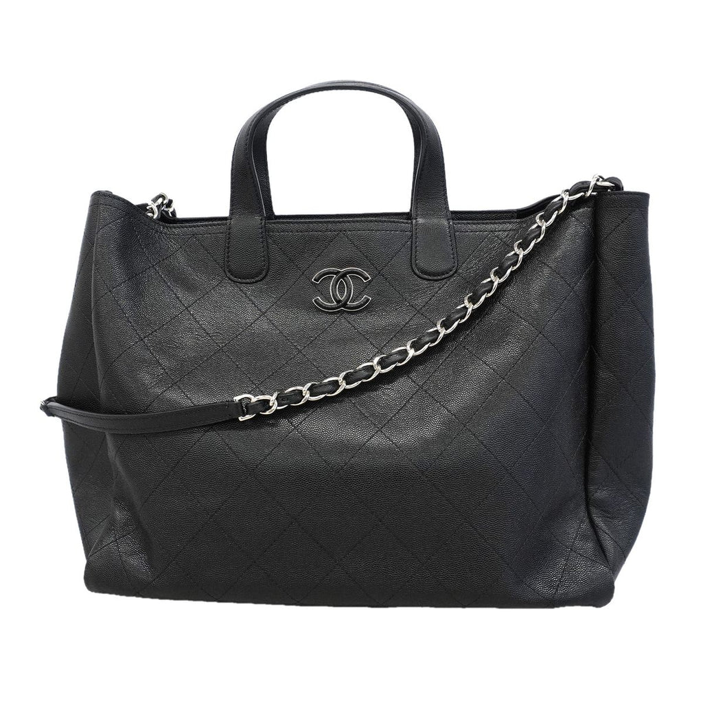 Chanel Chain Tote Bag Quilted Caviar Leather Black Silver 2-Way