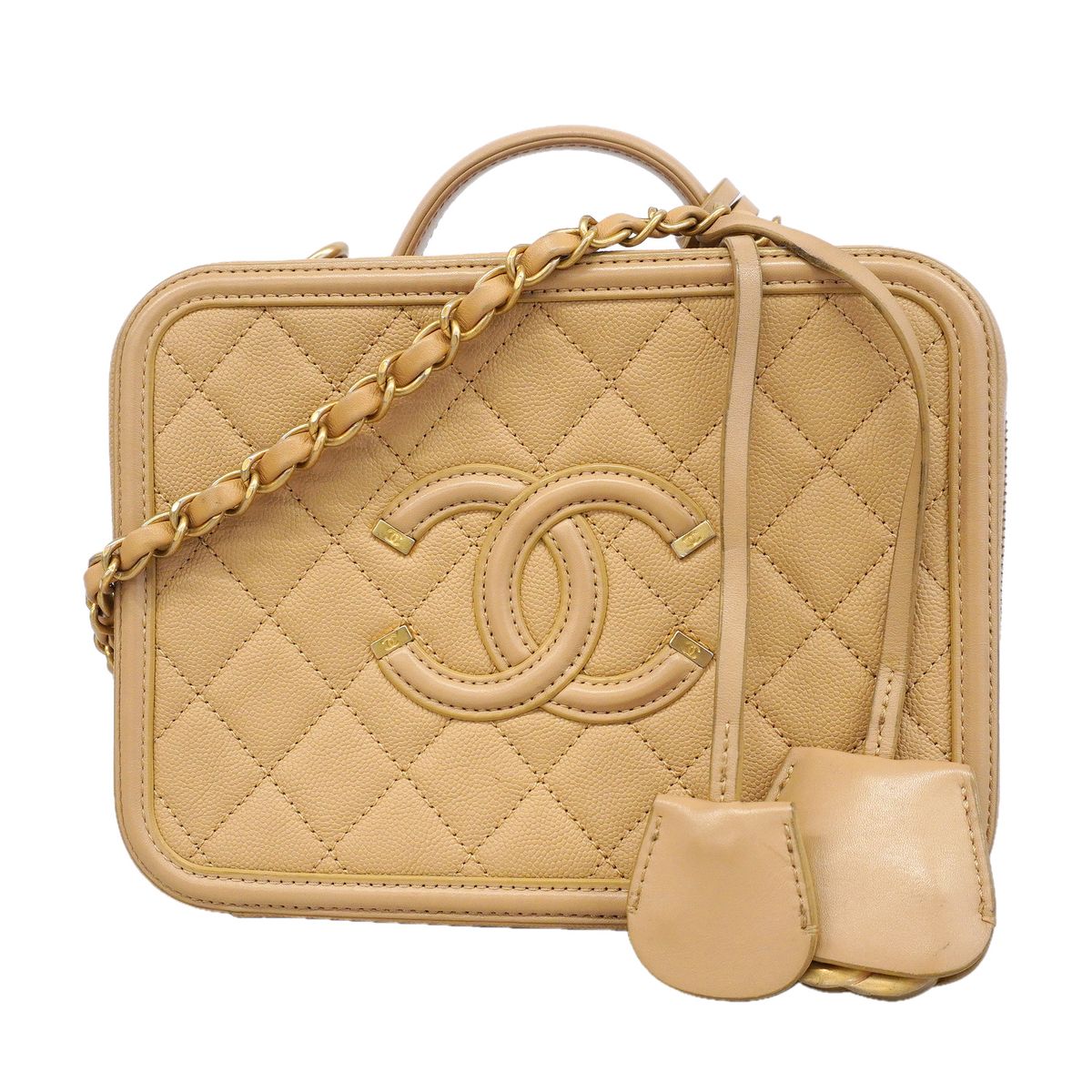 Chanel Vanity Bag CC Filigree Caviar Leather Beige Gold 2-Way Bag