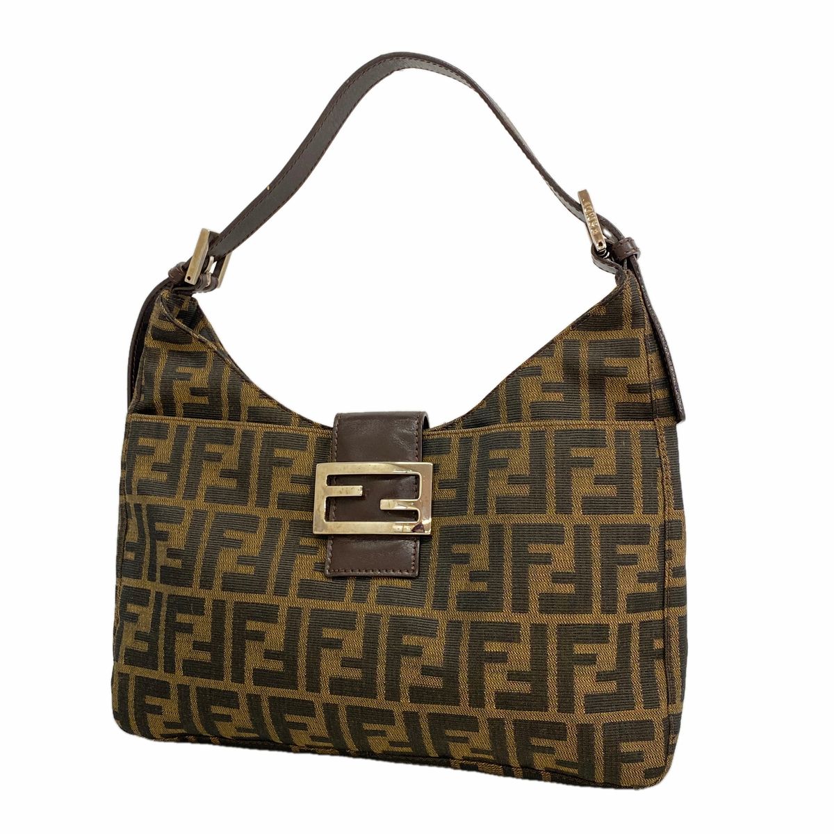 Fendi Shoulder Bag Zucca Nylon Canvas Brown Silver
