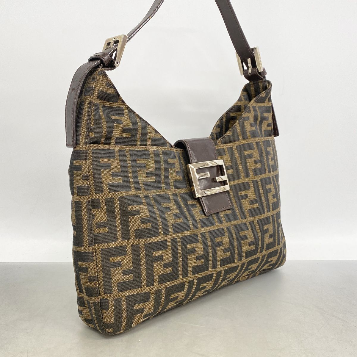 Fendi Shoulder Bag Zucca Nylon Canvas Brown Silver — view 2