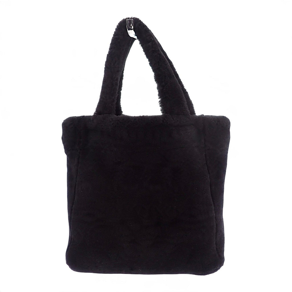Prada Shearling Tote Shoulder Bag Sheep Leather Wool Black White Logo Gold — view 2