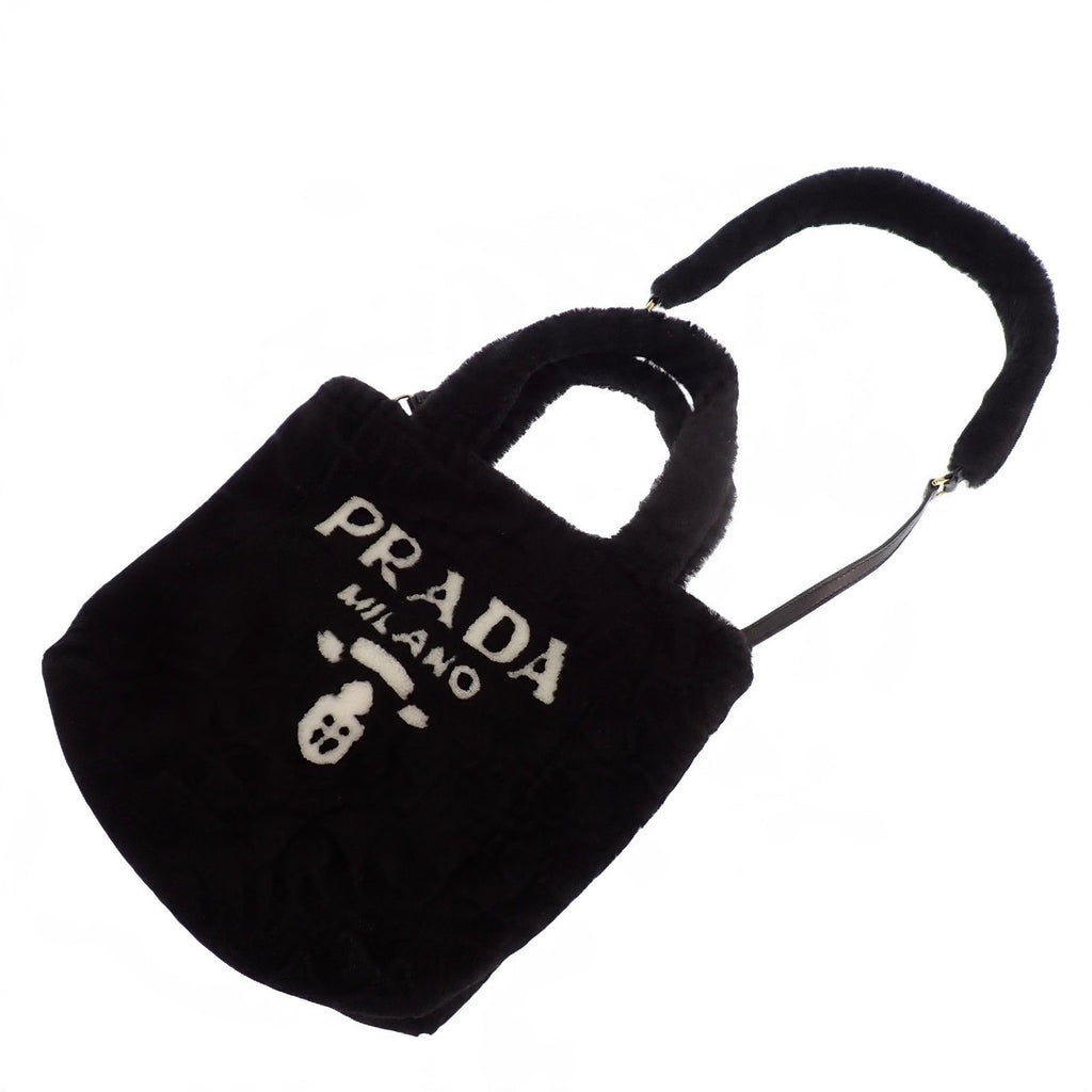Prada Shearling Tote Shoulder Bag Sheep Leather Wool Black White Logo Gold — view 6