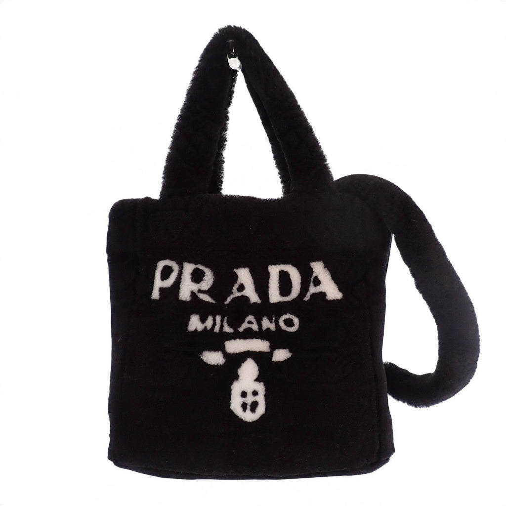 Prada Shearling Tote Shoulder Bag Sheep Leather Wool Black White Logo Gold