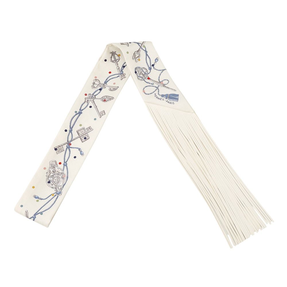 Hermes Twilly Fringe les Cles a Pois Silk Leather Scarf