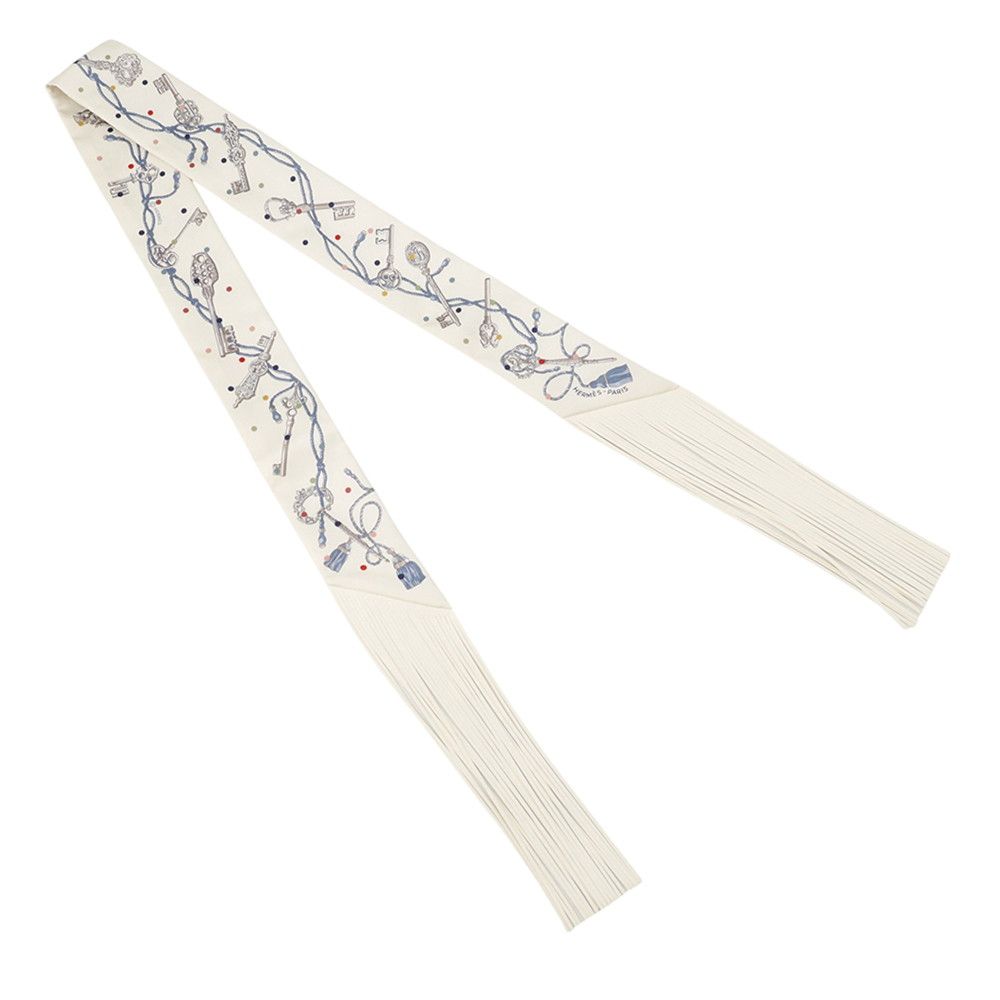 Hermes Twilly Fringe les Cles a Pois Silk Leather Scarf — view 3