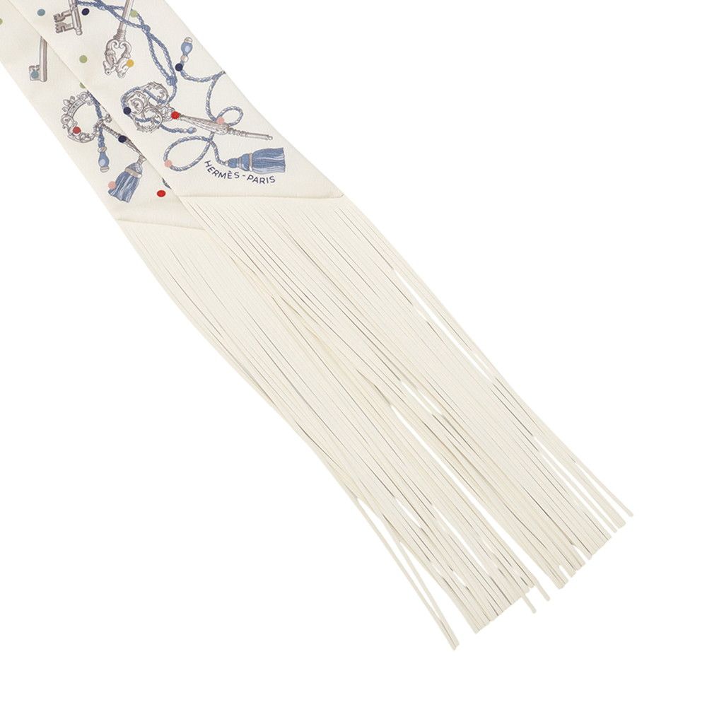 Hermes Twilly Fringe les Cles a Pois Silk Leather Scarf — view 4