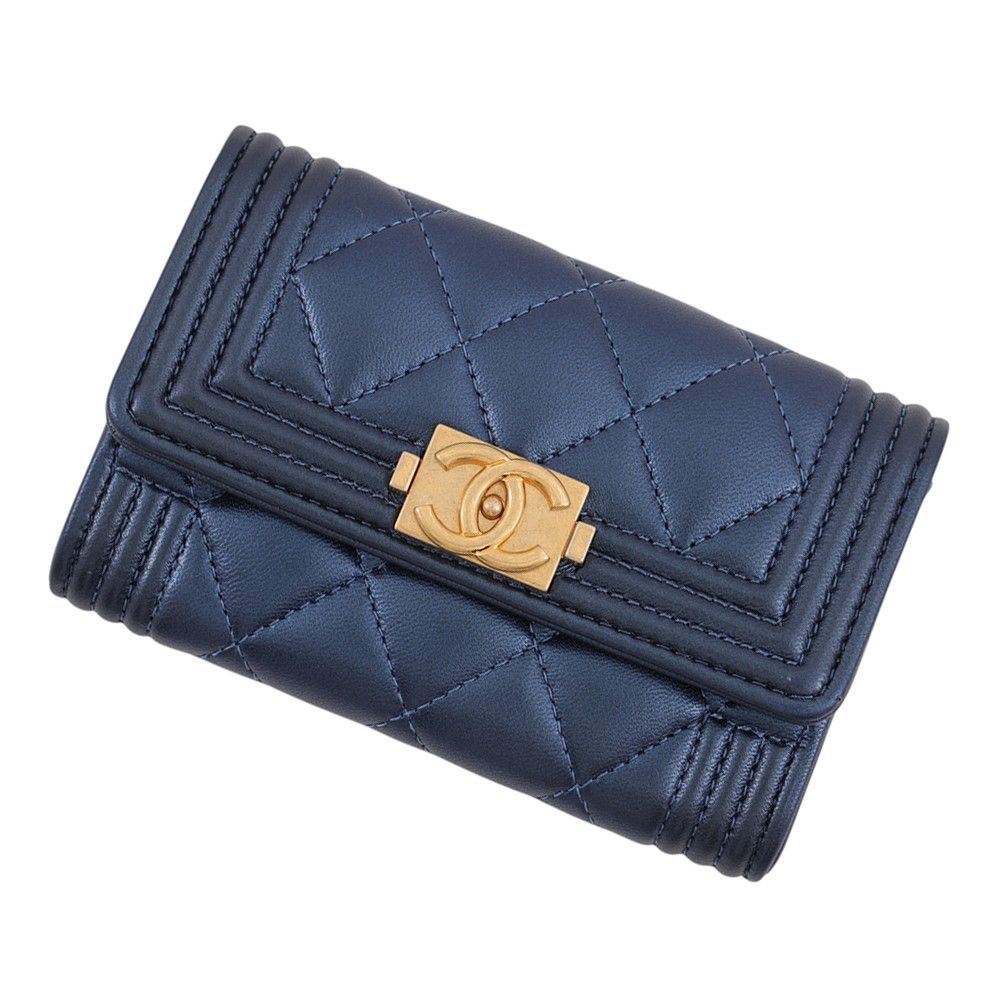 Chanel Card Case Boy CC Logo Quilted Lambskin Wallet Metallic Business