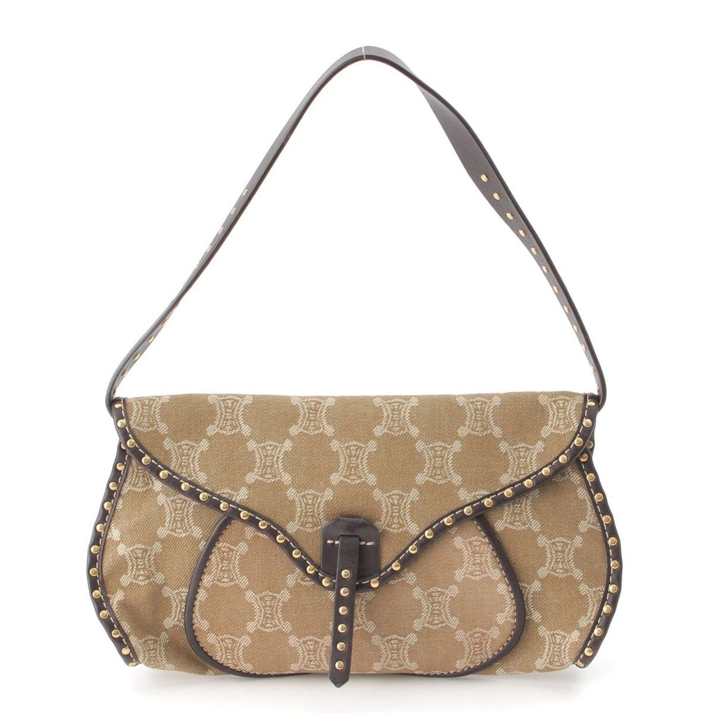 Celine Paris Macadam Canvas Studded Vintage Shoulder Bag Khaki