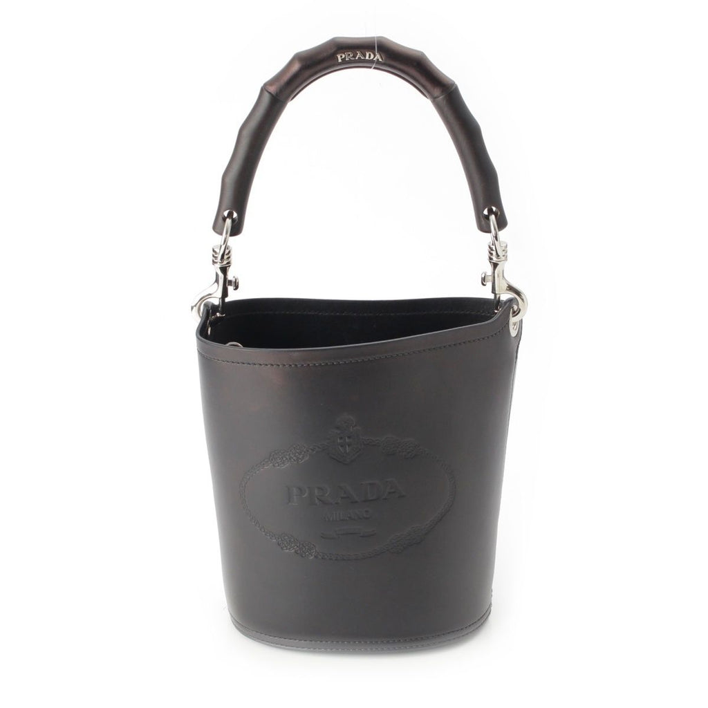 Prada Tambour Leather Wood Handle Bucket Handbag Black