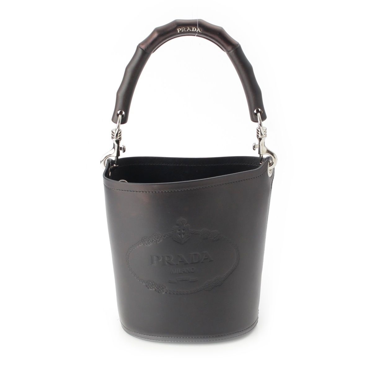 Prada Tambour Leather Wood Handle Bucket Handbag Black