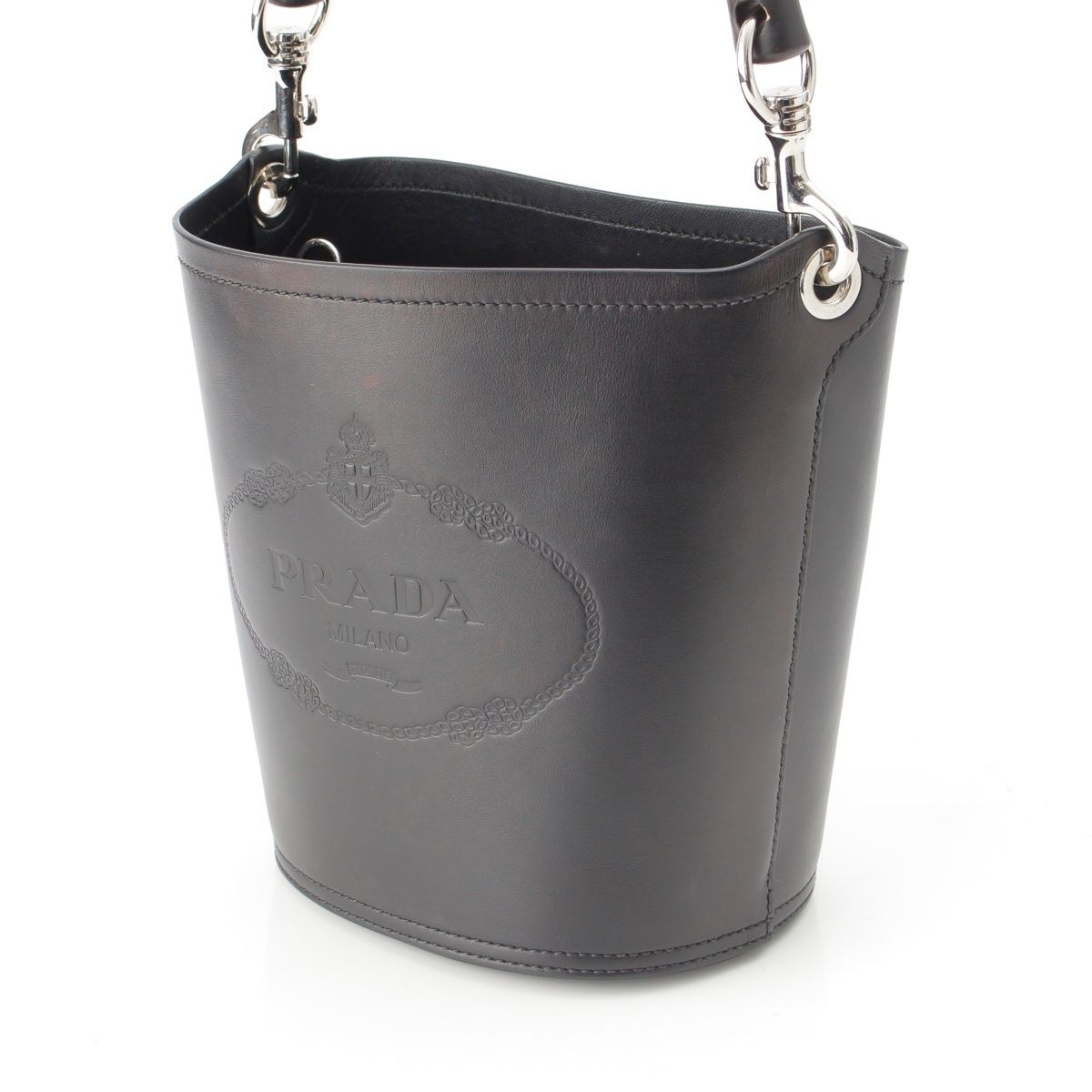 Prada Tambour Leather Wood Handle Bucket Handbag Black — view 2