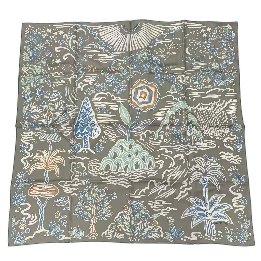Hermes Scarf Silk Carre 90 Spring Island Isola DI Primavera Gray