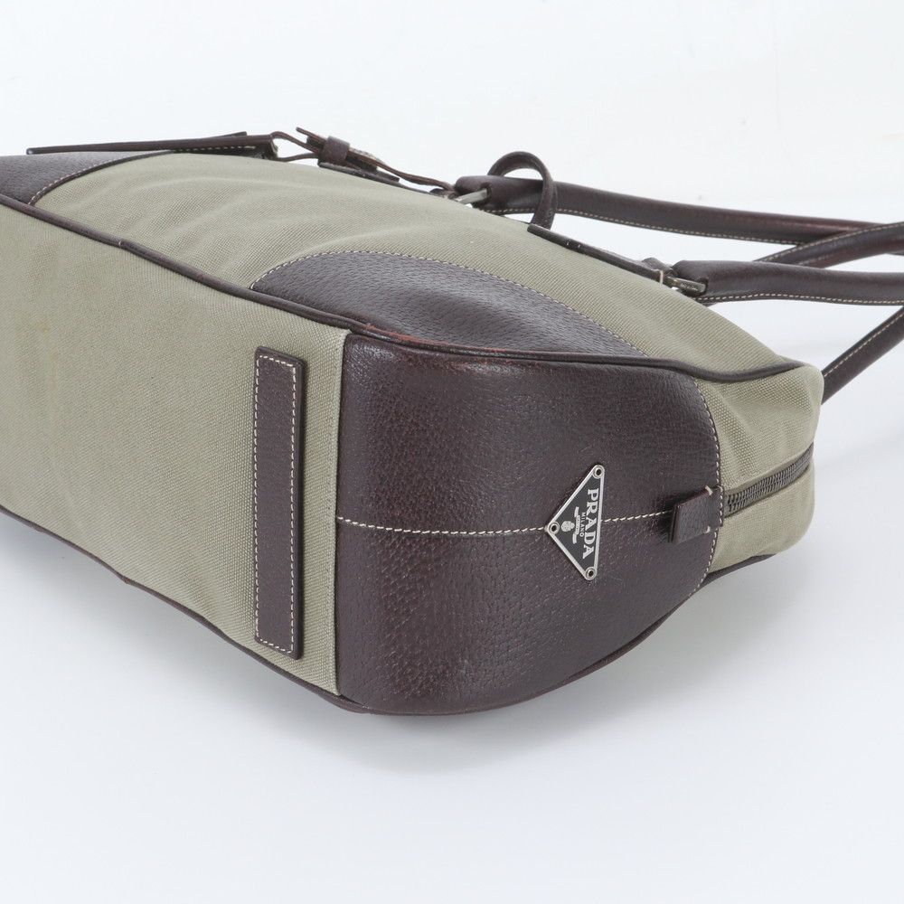Prada Triangle Logo Leather Canvas Tote Bag Shoulder — view 4