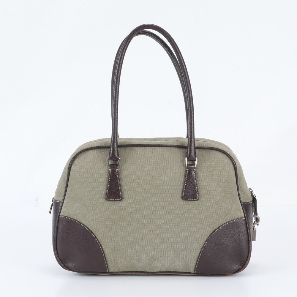 Prada Triangle Logo Leather Canvas Tote Bag Shoulder — view 3
