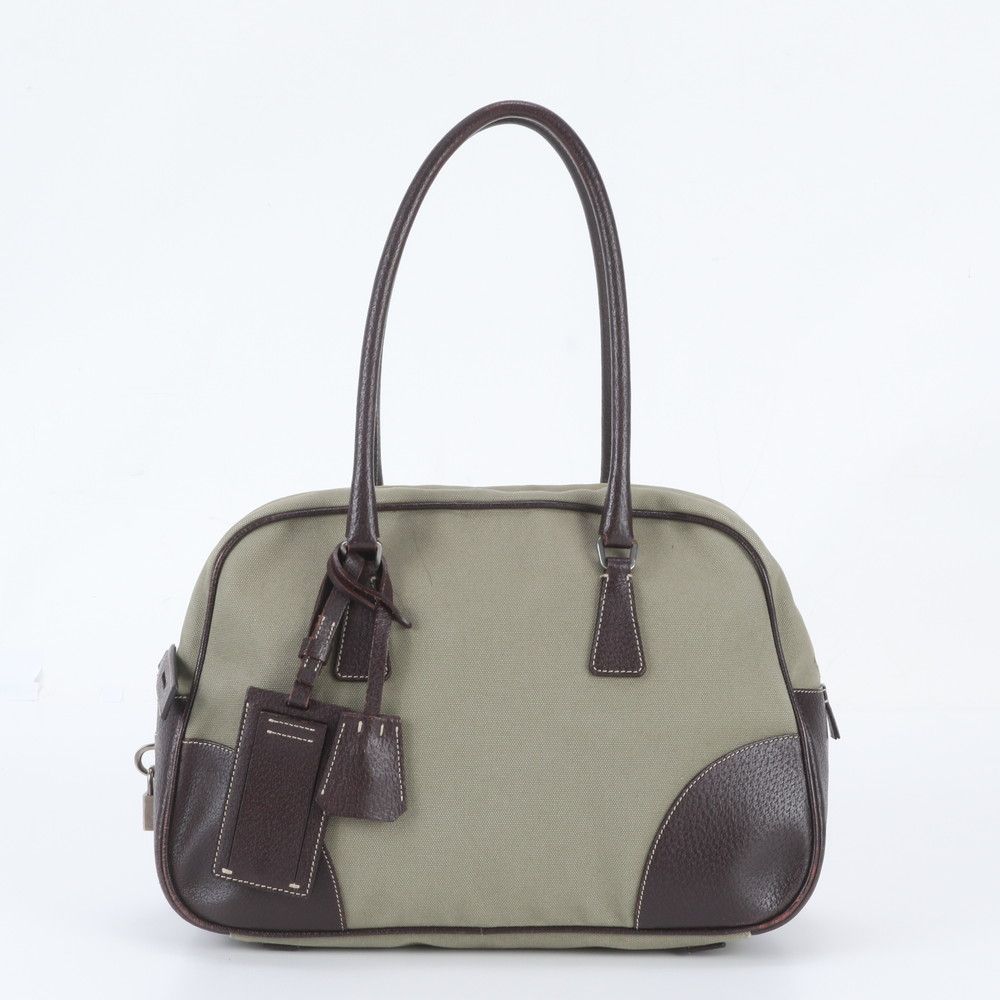Prada Triangle Logo Leather Canvas Tote Bag Shoulder