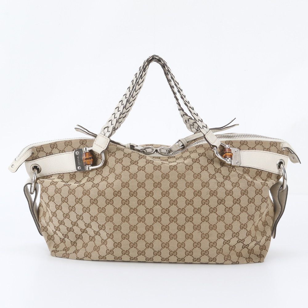 Gucci GG Canvas Bamboo Bar Braided Leather Tote Bag Shoulder — view 3