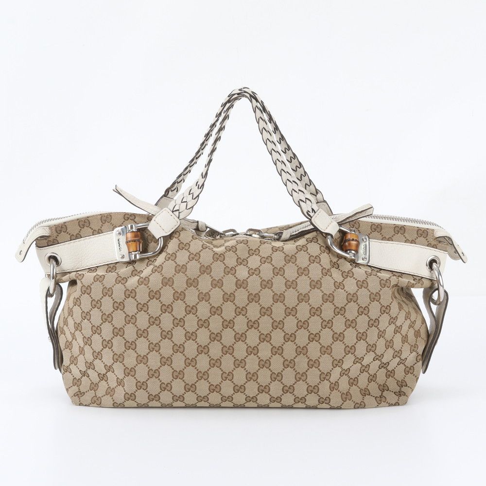 Gucci GG Canvas Bamboo Bar Braided Leather Tote Bag Shoulder