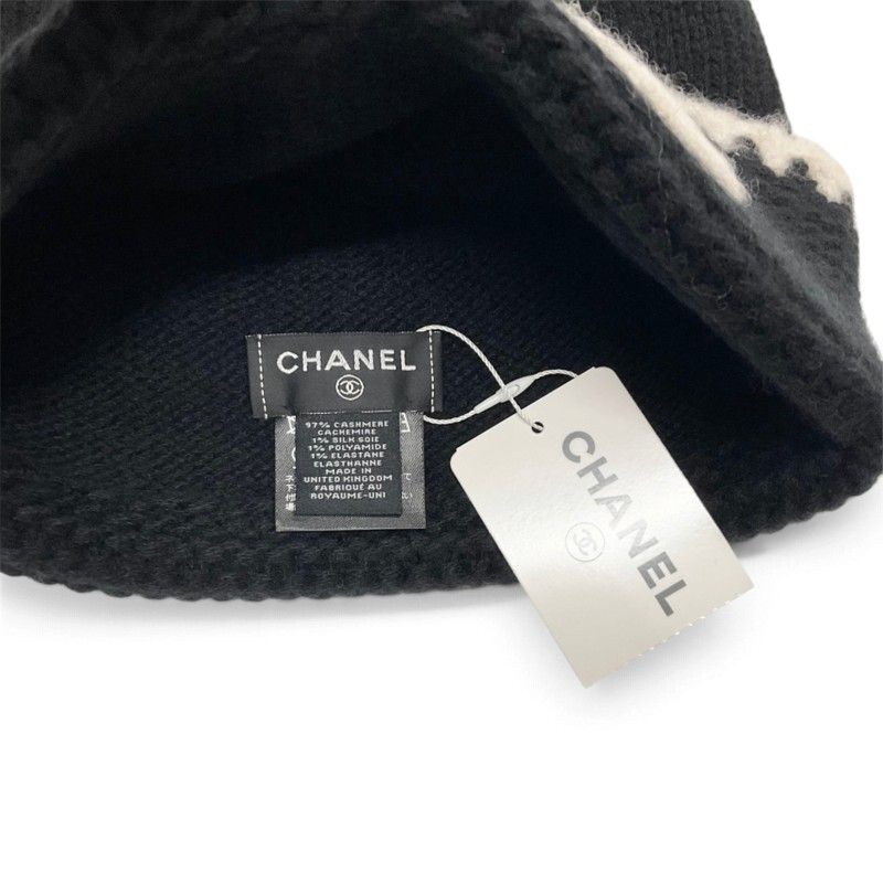 Chanel Hat Black White CC Logo Knit Hat — view 5