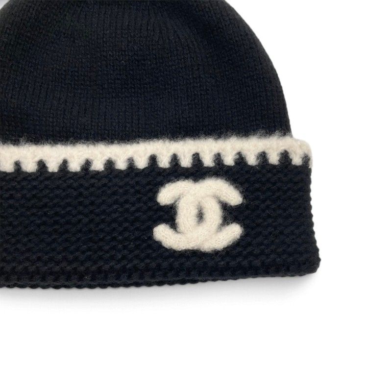 Chanel Hat Black White CC Logo Knit Hat — view 4