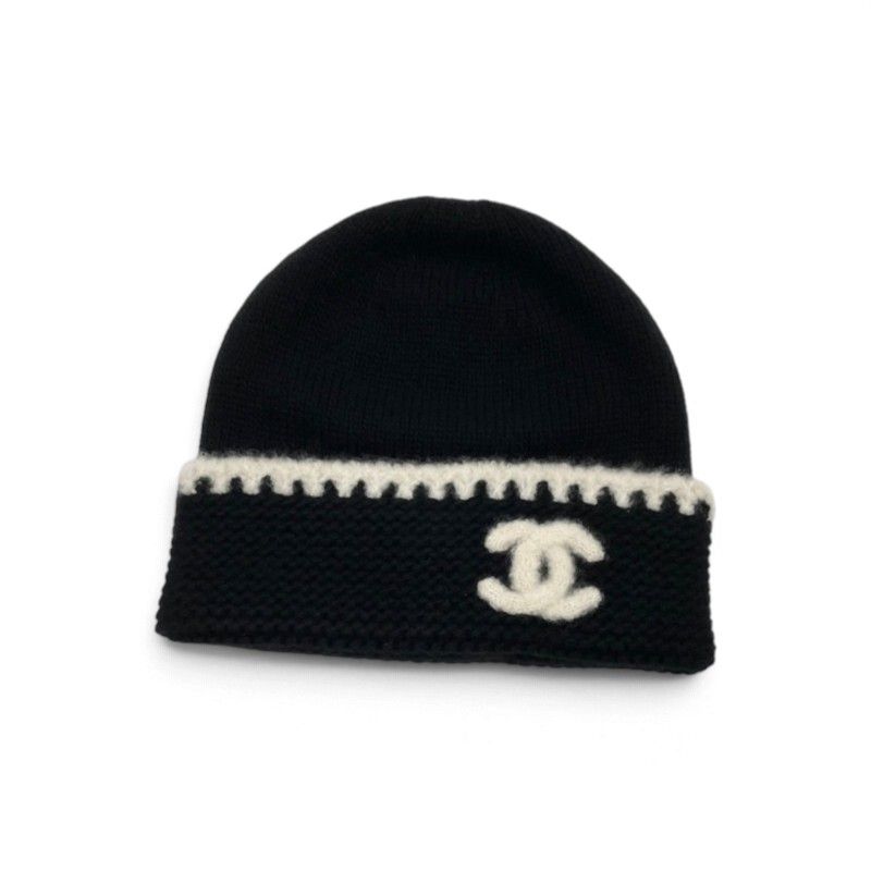 Chanel Hat Black White CC Logo Knit Hat — view 2