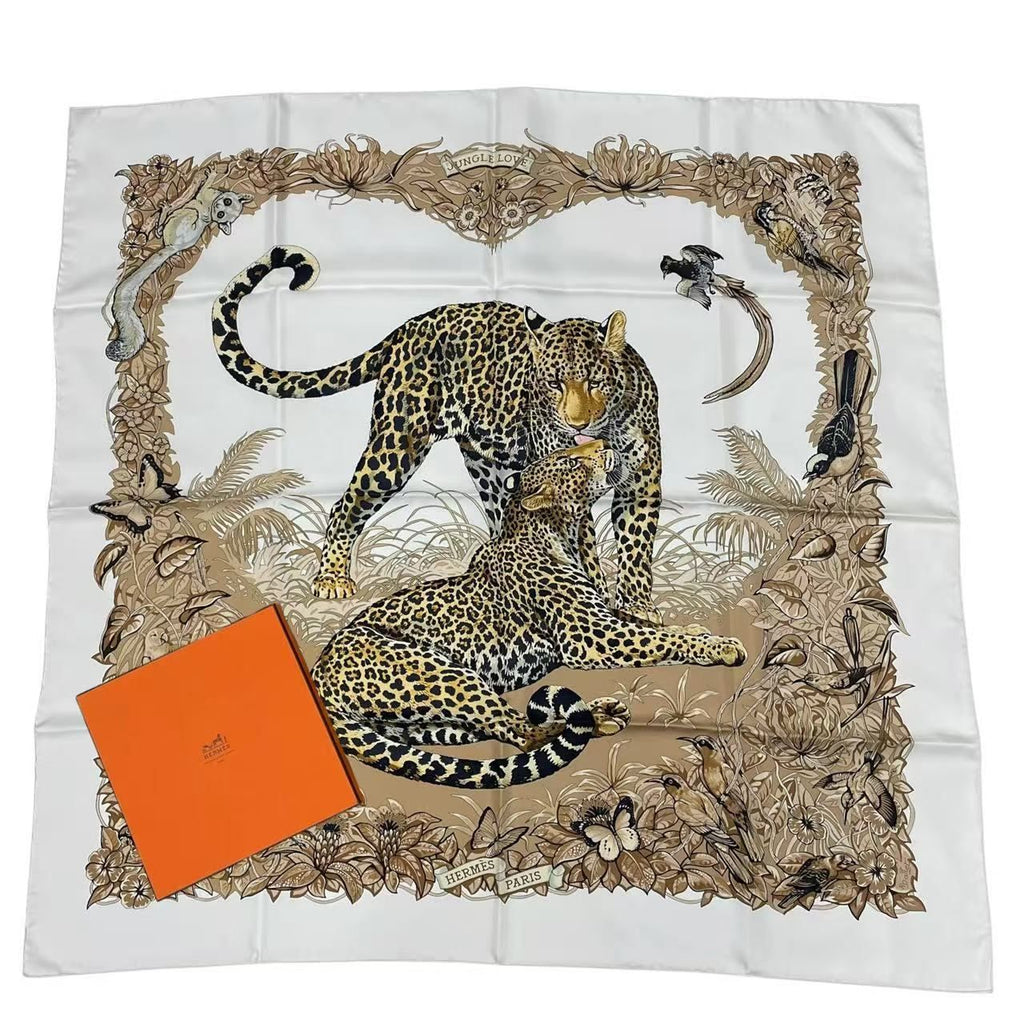 Hermes Jungle Love Carre 90 Silk Scarf Beige