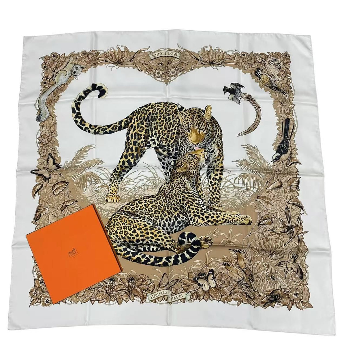 Hermes Jungle Love Carre 90 Silk Scarf Beige