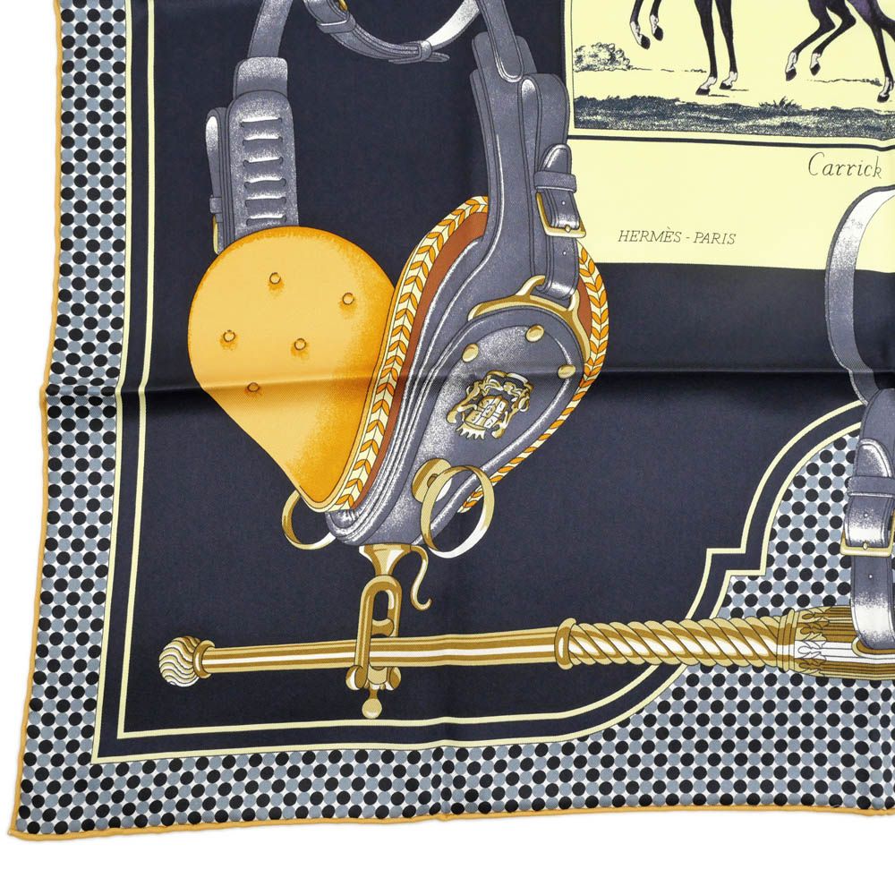 Hermes Carre 70 Carrick Pompe 02 Yellow Navy Scarf Silk — view 4