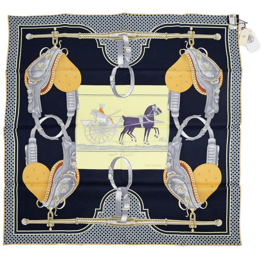 Hermes Carre 70 Carrick Pompe 02 Yellow Navy Scarf Silk — view 2