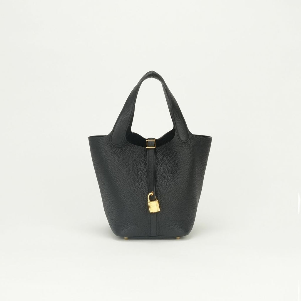 Hermes Picotin Lock PM 18 Tote Bag Taurillon Clemence Noir Black Gold