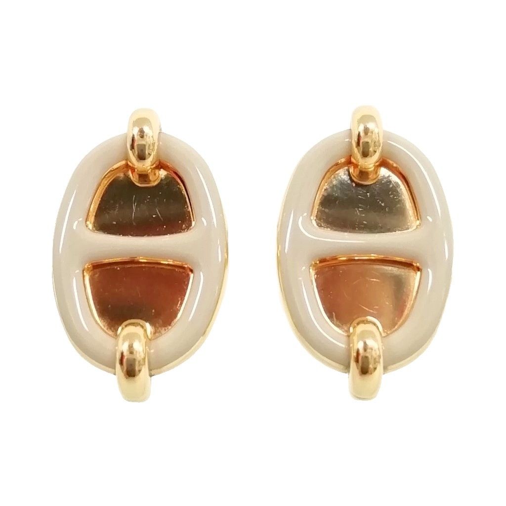 Hermes Mini Maillon Brown Glace Gold Plated Lacquer Earrings Chaine D'ancre