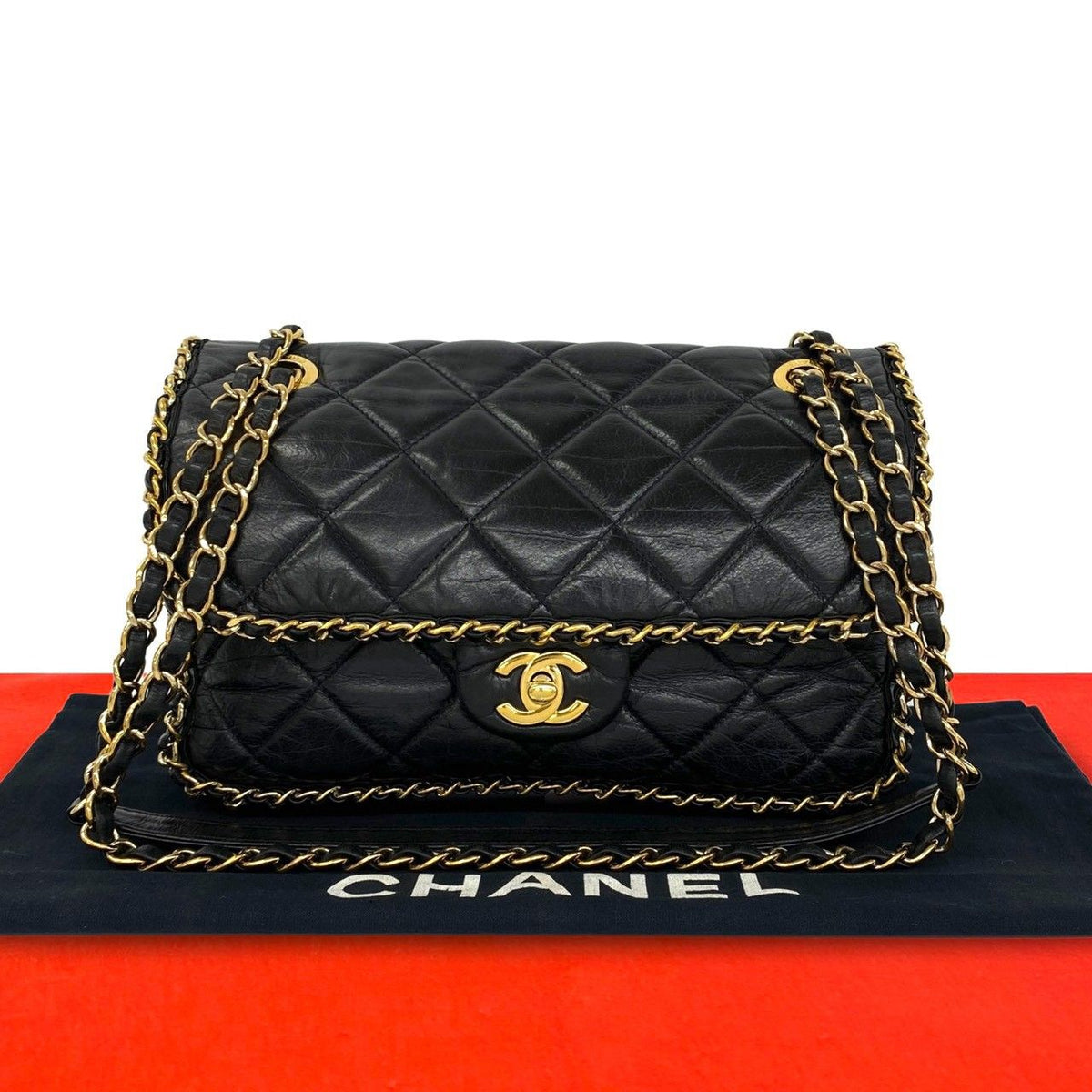 Chanel Quilted CC Logo Vintage Calf Leather Shoulder Bag Black