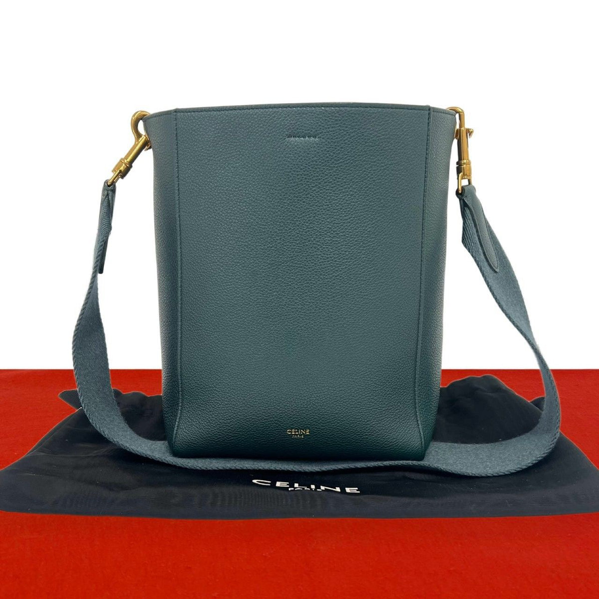 Celine Sangle Bucket Small Leather Shoulder Bag Cross Green