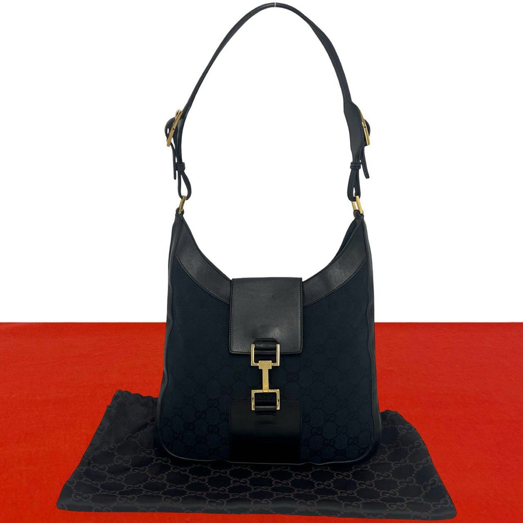 Gucci Jackie GG Pattern Canvas Leather Shoulder Bag Black