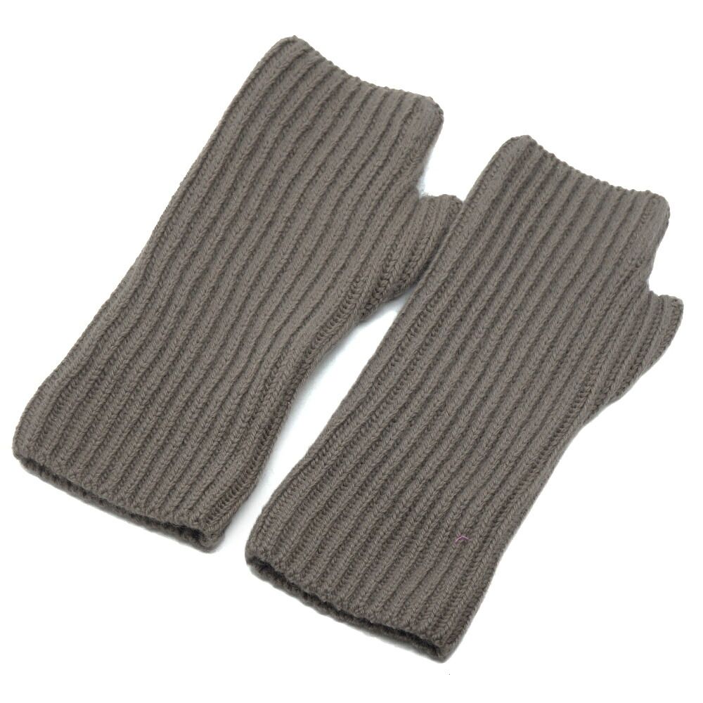 Hermes Gloves Fingerless Knit Cashmere Mohair Polyester Polyurethane Brown Gray — view 3