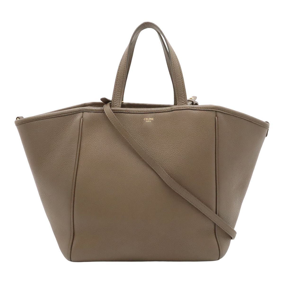 Celine Small Fold Cabas Tote 2-Way Shoulder Bag Leather Greige Gold