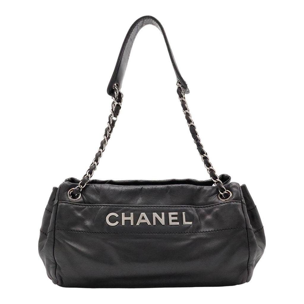 Chanel Logo Chain Shoulder Bag Leather Black Silver