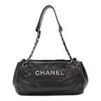 Chanel Logo Chain Shoulder Bag Leather Black Silver