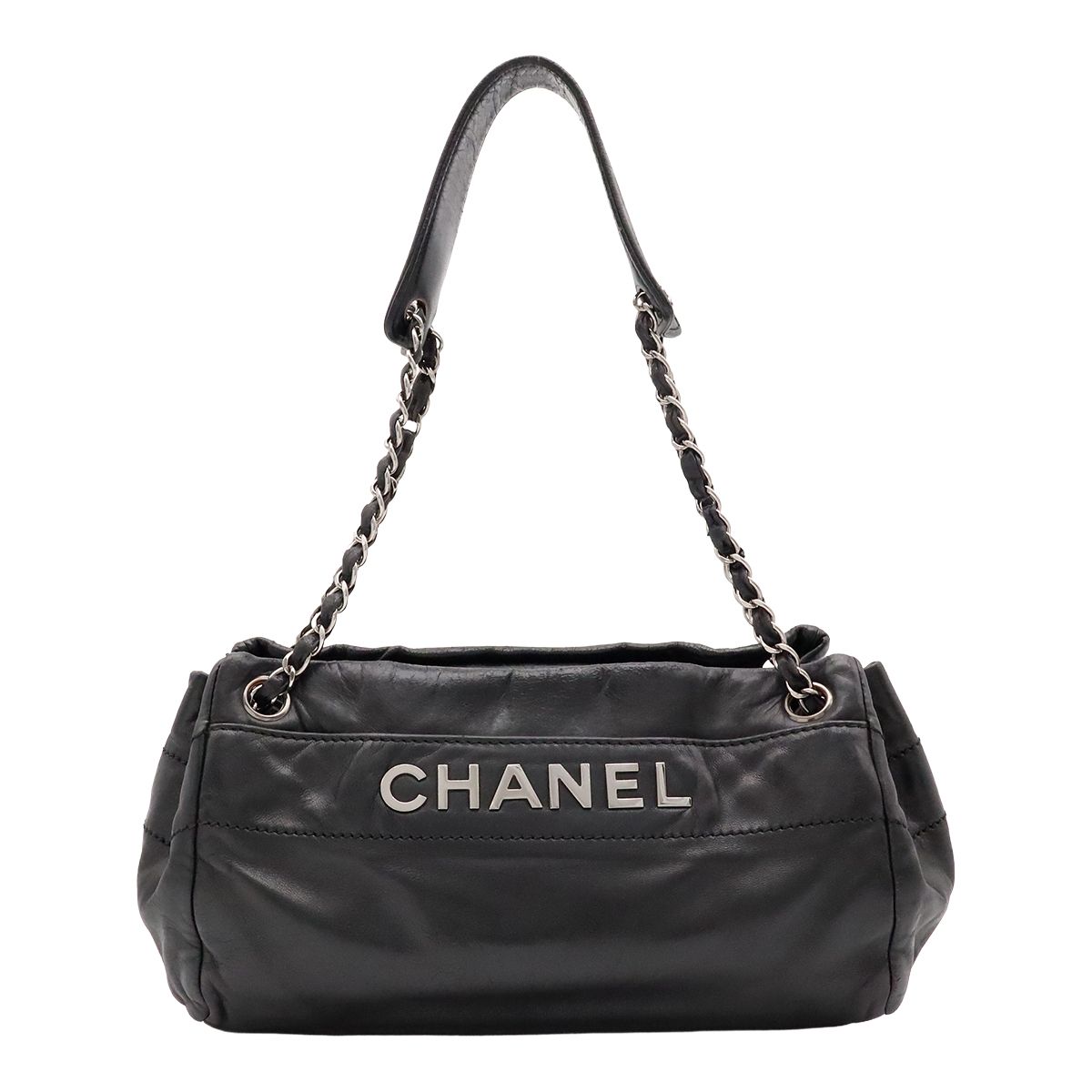 Chanel Logo Chain Shoulder Bag Leather Black Silver
