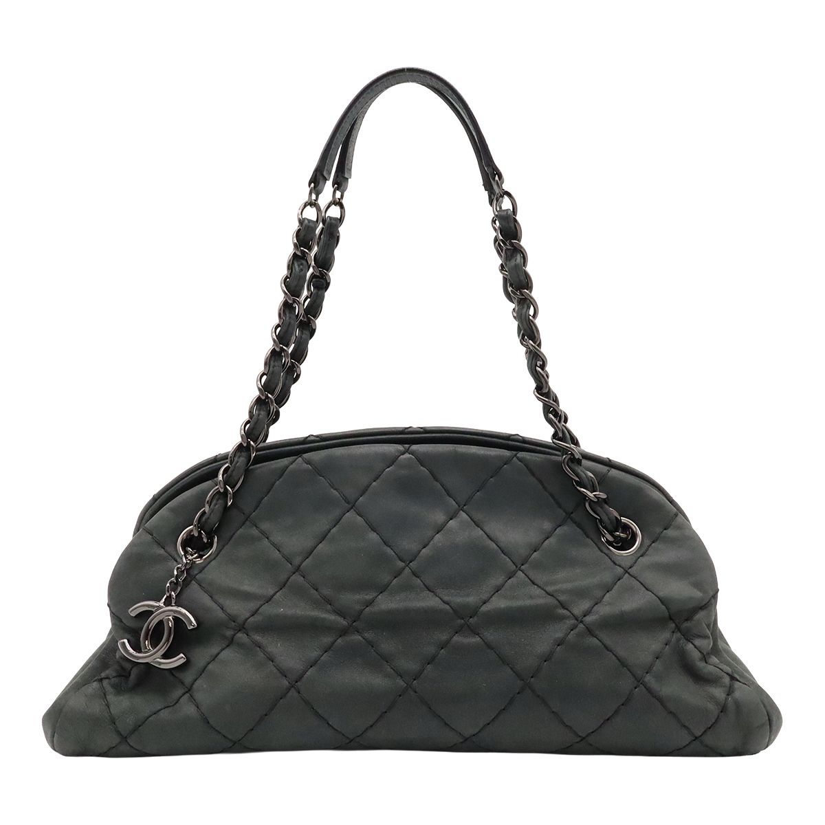 Chanel Mademoiselle Quilted Bowling Bag Chain Shoulder Sparkle Leather Black