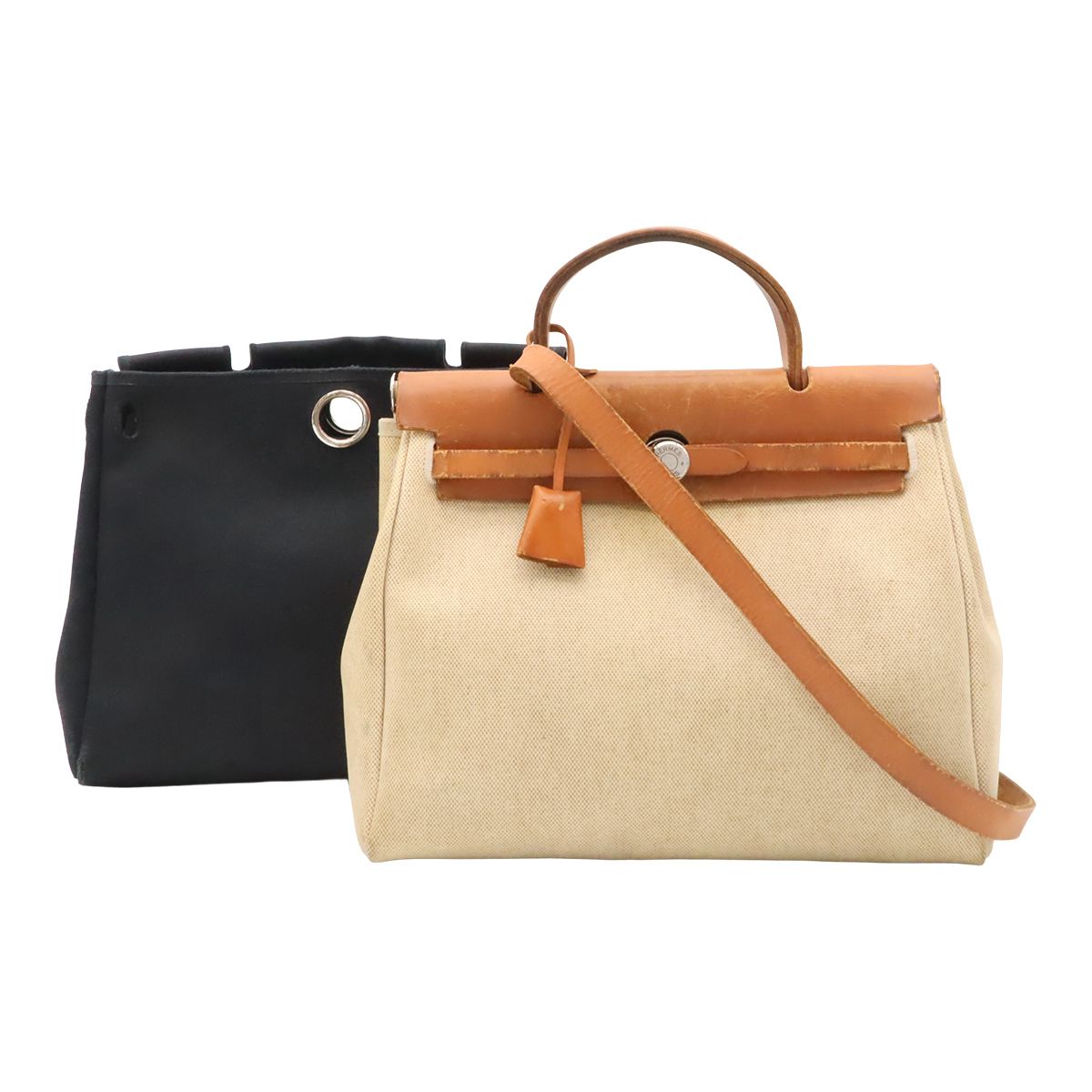 Hermes Herbag PM 2-Way Shoulder Bag Toile H Officier Natural Black