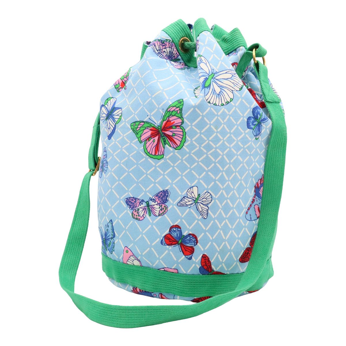 Hermes Shoulder Bag Drawstring Butterfly Canvas Green Blue Multicolor Gold — view 2