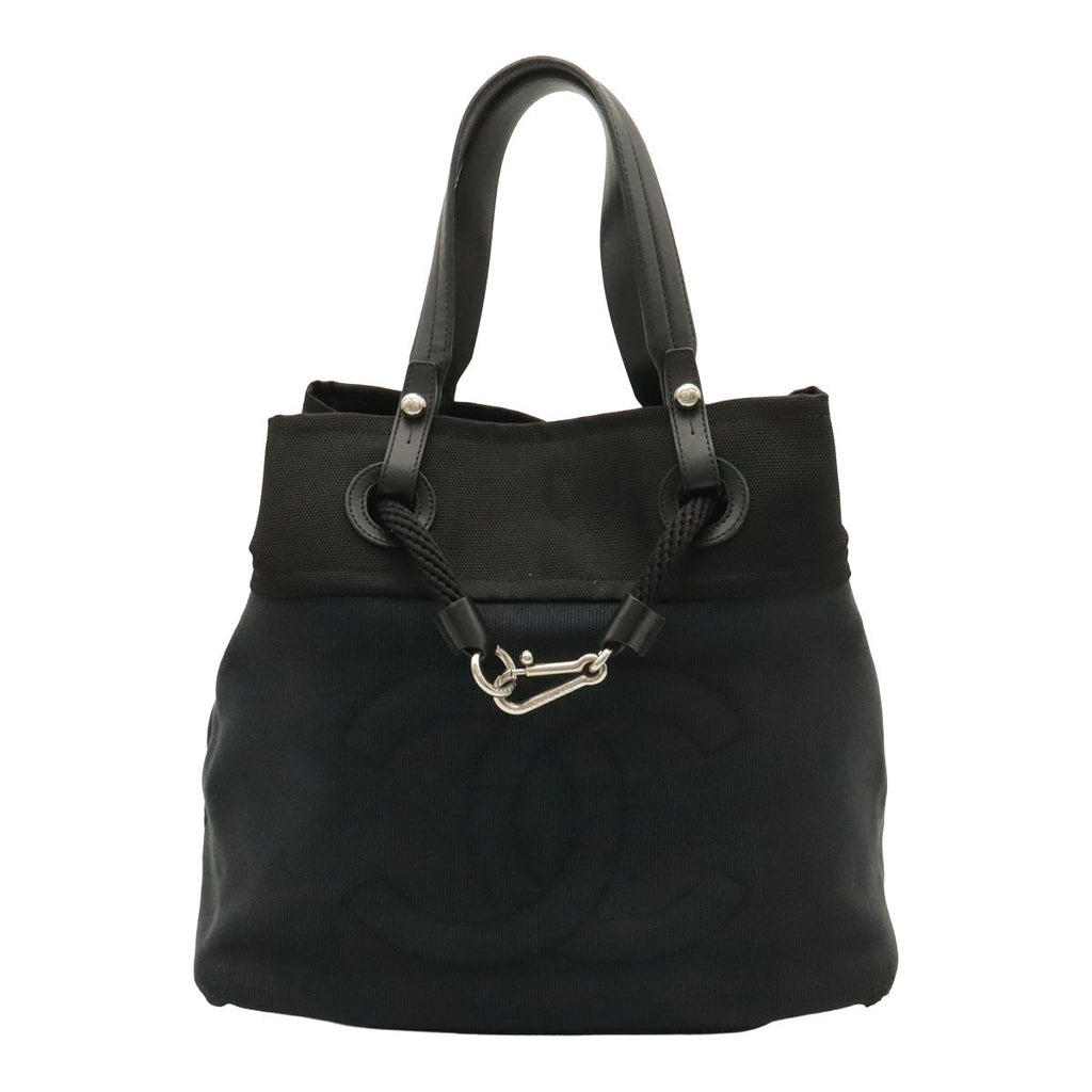 Chanel CC Logo Drawstring Tote Bag Shoulder Canvas Leather Black Silver