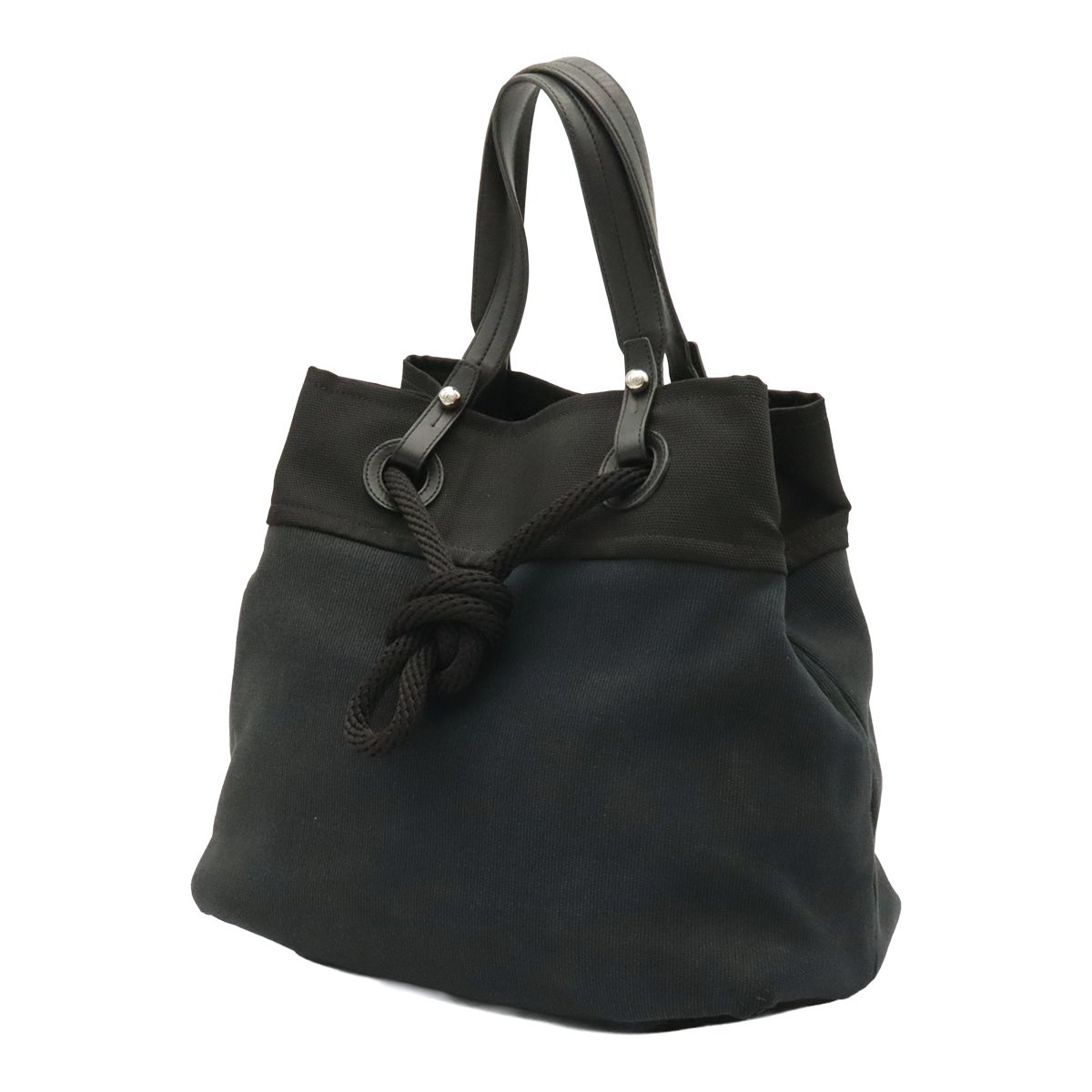 Chanel CC Logo Drawstring Tote Bag Shoulder Canvas Leather Black Silver — view 2