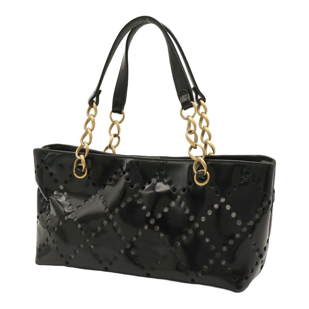 Chanel CC Logo Perforated Chain Tote Shoulder Bag Patent Leather Black Gold — view 2