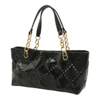 Chanel CC Logo Perforated Chain Tote Shoulder Bag Patent Leather Black Gold — view 2