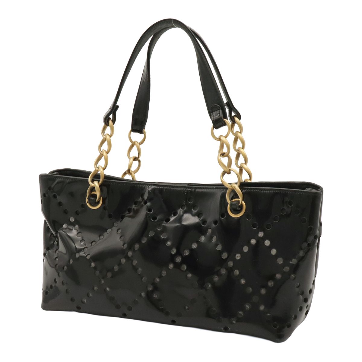 Chanel CC Logo Perforated Chain Tote Shoulder Bag Patent Leather Black Gold — view 2