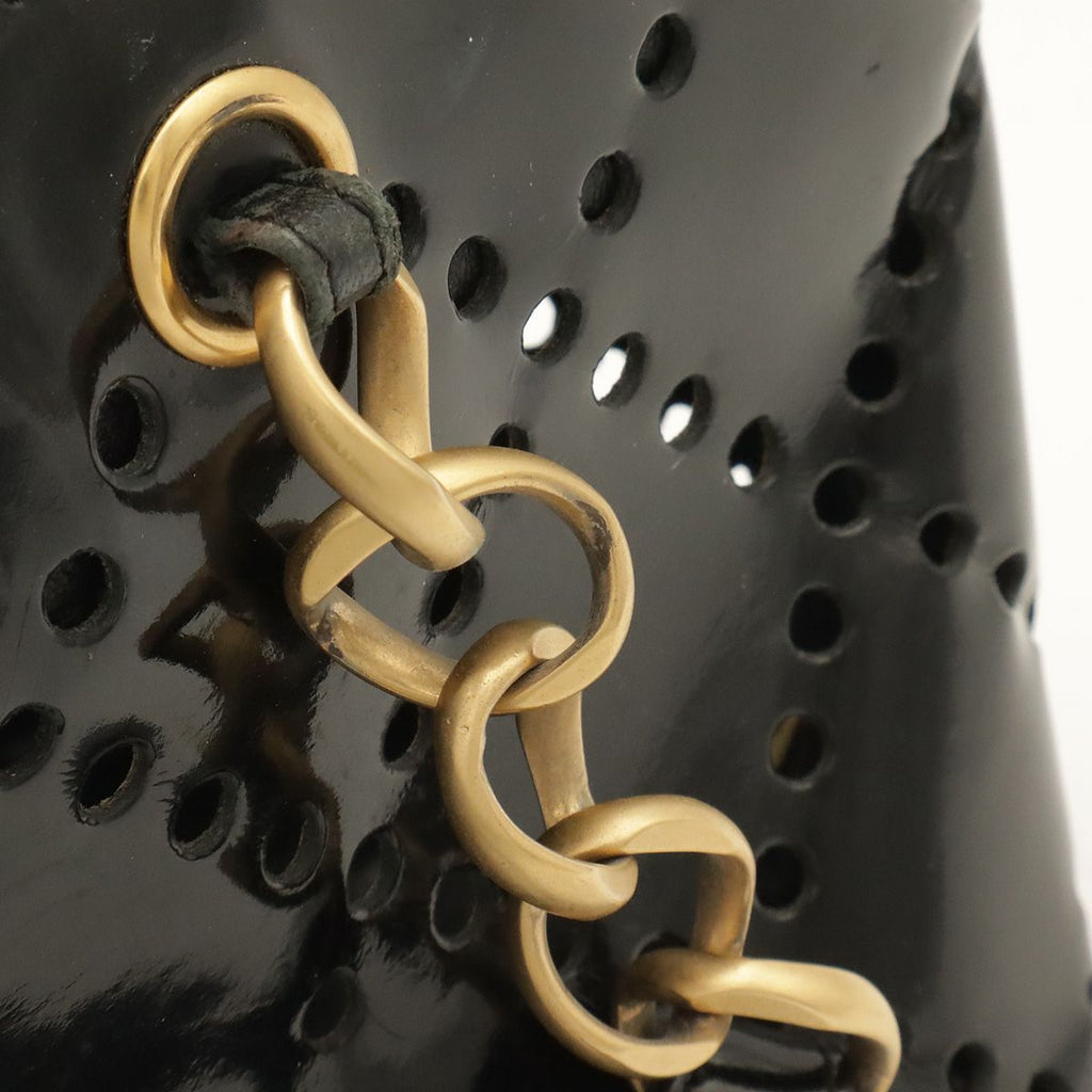 Chanel CC Logo Perforated Chain Tote Shoulder Bag Patent Leather Black Gold — view 6