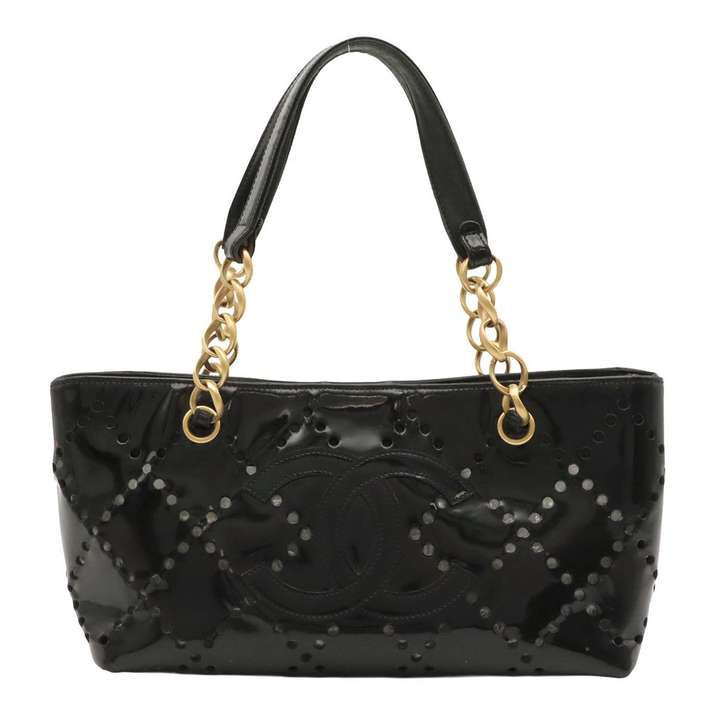 Chanel CC Logo Perforated Chain Tote Shoulder Bag Patent Leather Black Gold